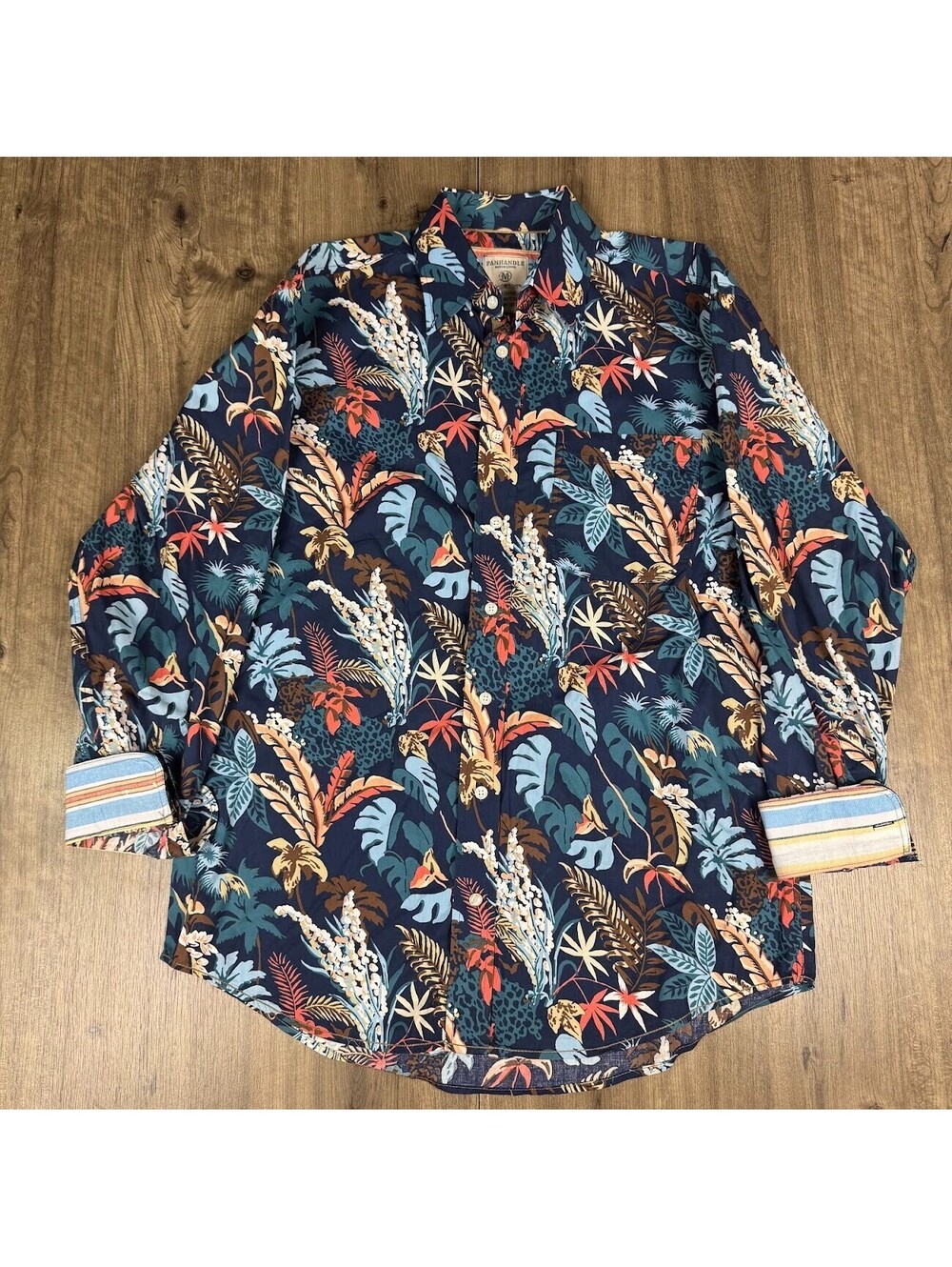 Panhandle Rough Stock Shirt Mens Large Blue Hawaiian Cotton Button-Down
